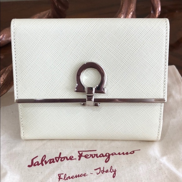 Salvatore Ferragamo Accessories - Salvatore Ferragamo Cream Leather Small Wallet with Silver Hardware